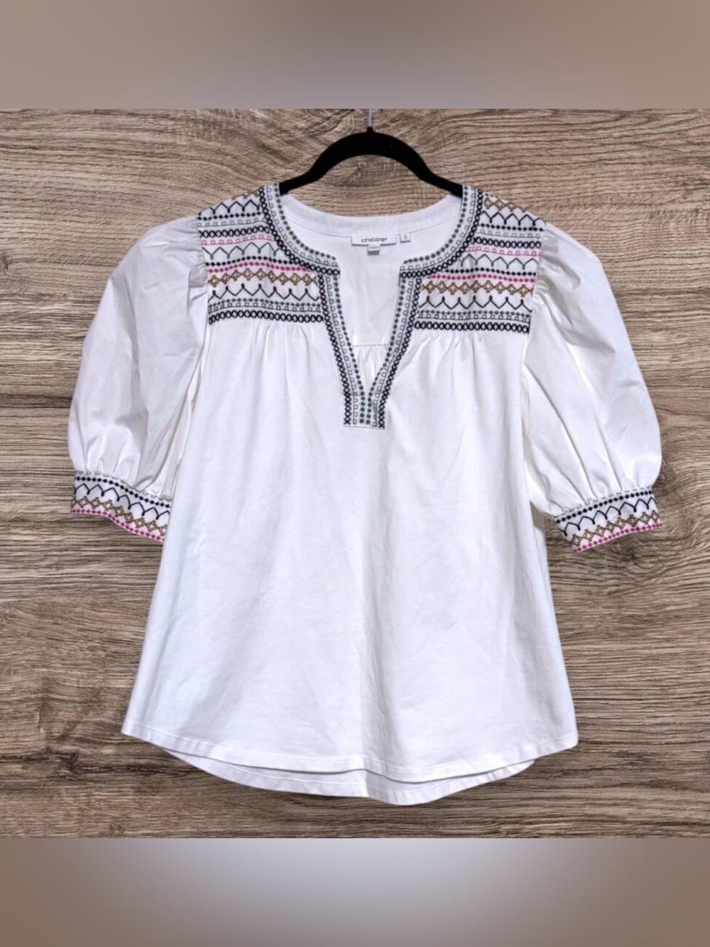 CHICOS Smocked Embroidered Split Neck Puff Sleeve White Blouse Top L 10-12